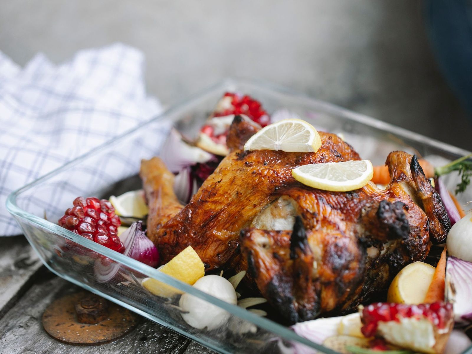 A roast chicken with vegetables