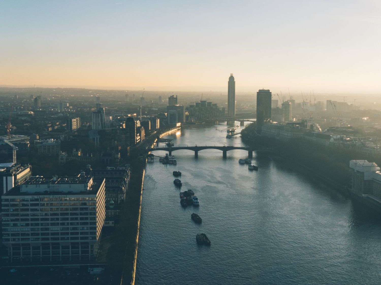 London and the River Thames from above, at dawn